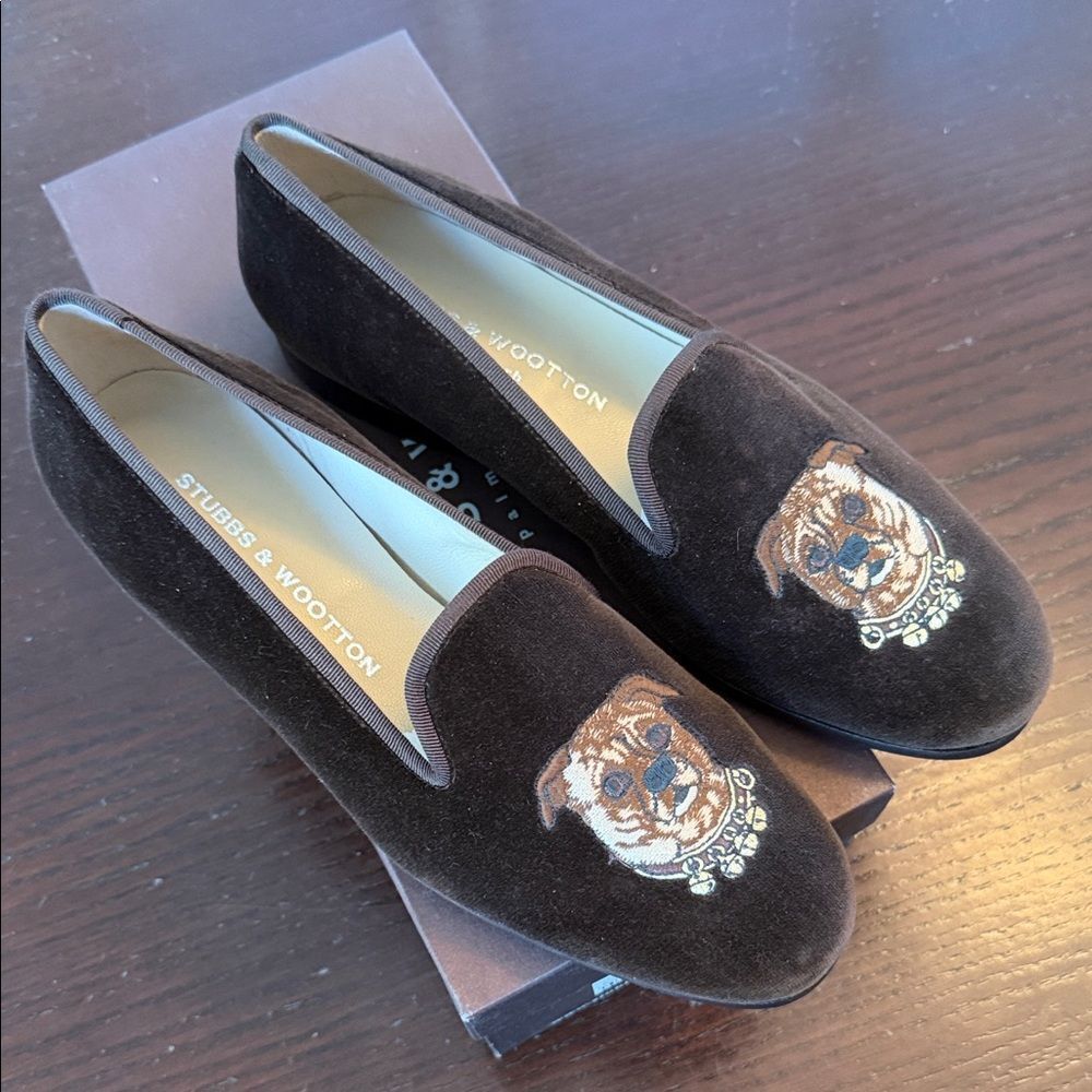 Stubbs & Wootton Black Velvet Loafers with Dog Embroidery